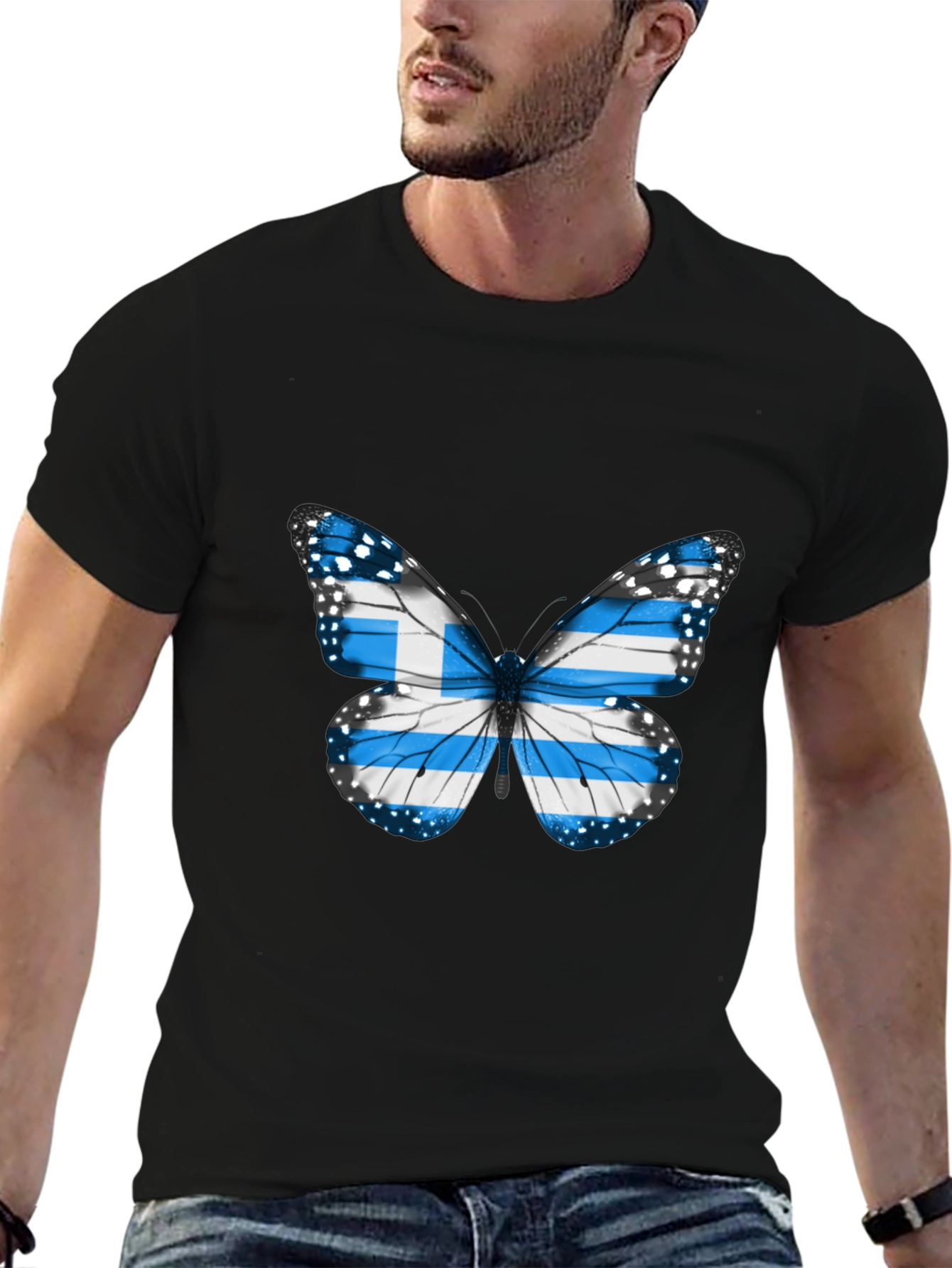 Greek Flag Butterfly Black T-Shirt