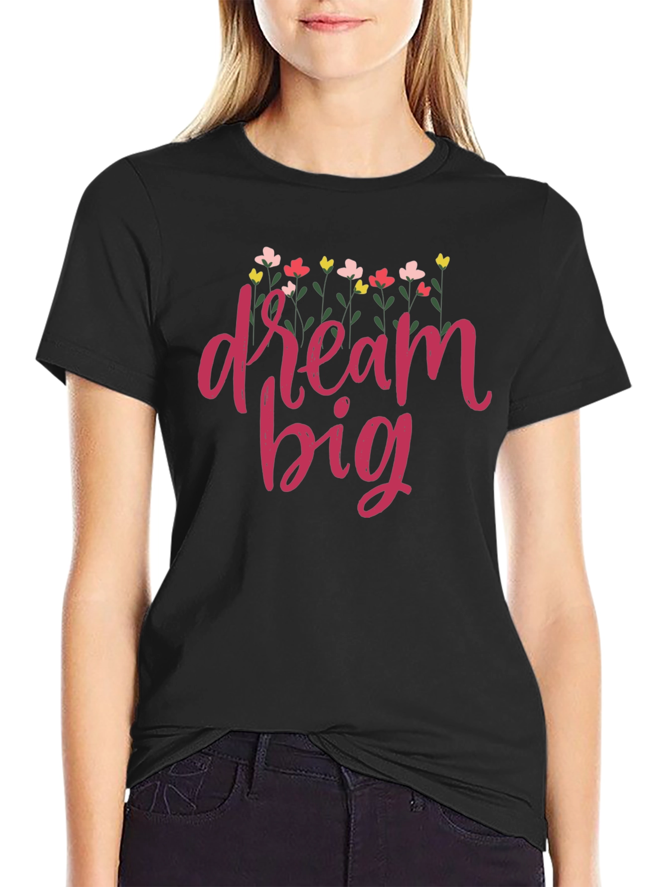 Dream Big Floral Graphic T-Shirt - Black