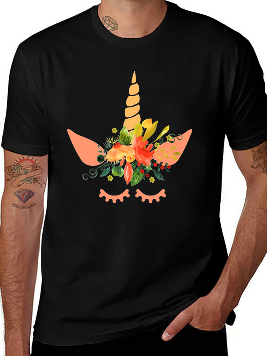 Unicorn Floral Graphic Tee - Black Cotton Blend