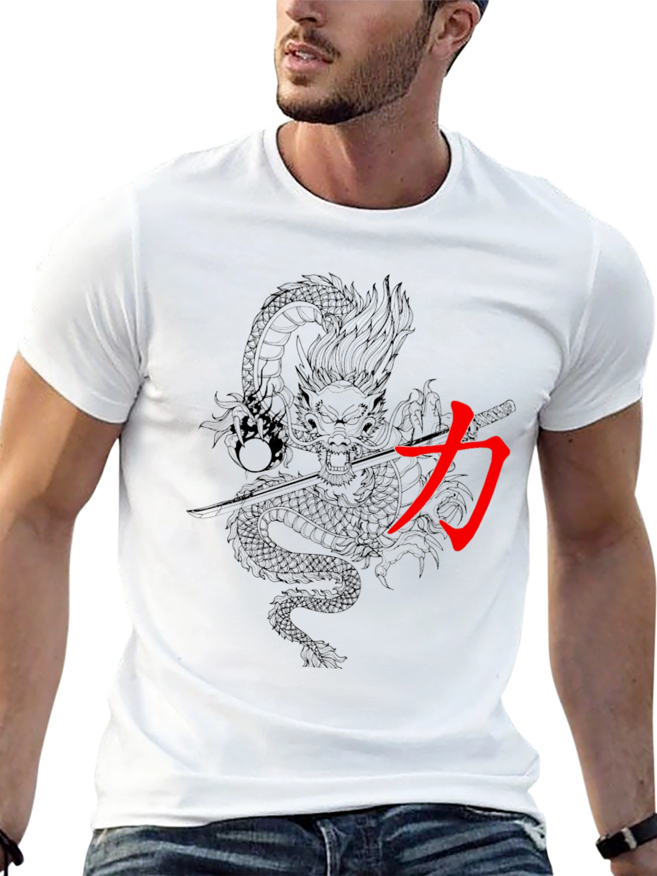 Dragon & Kanji Graphic Print Mens Black T-Shirt