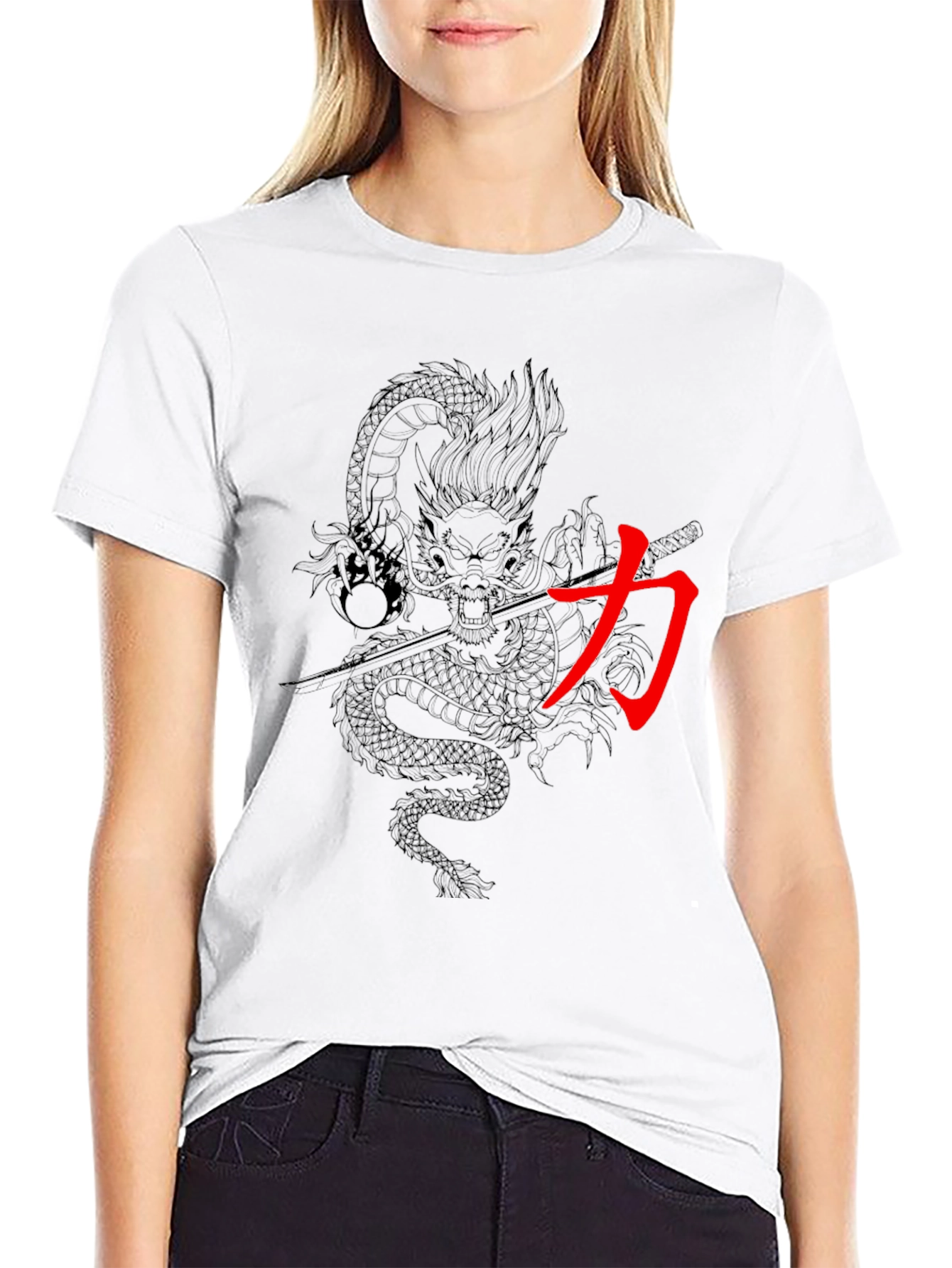 Dragon & Kanji Graphic Print Mens Black T-Shirt