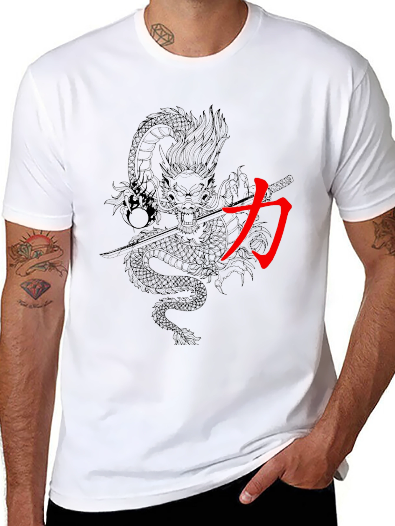Dragon & Kanji Graphic Print Mens Black T-Shirt