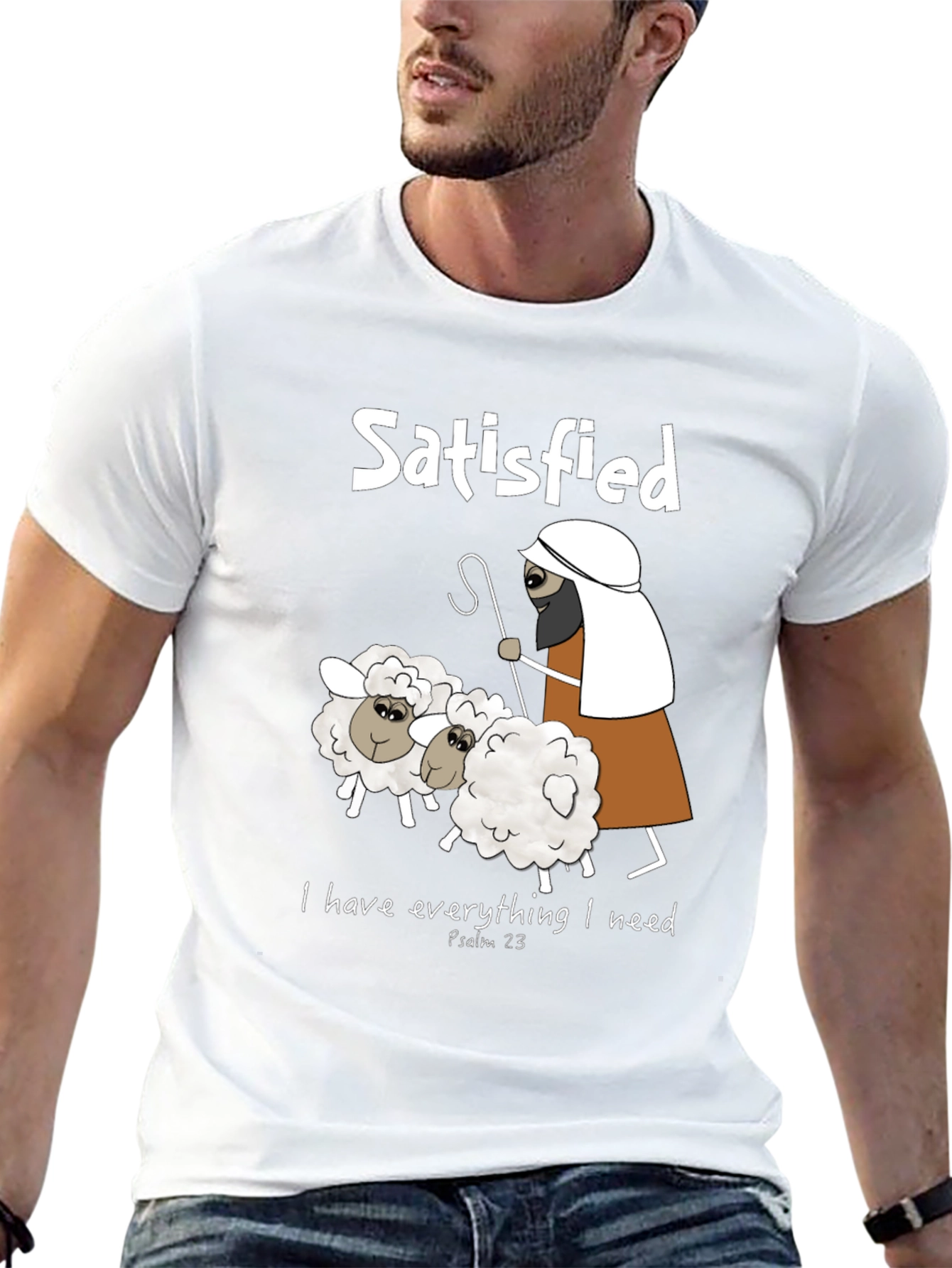 Satisfied Shepherd & Sheep T-Shirt Psalm 23
