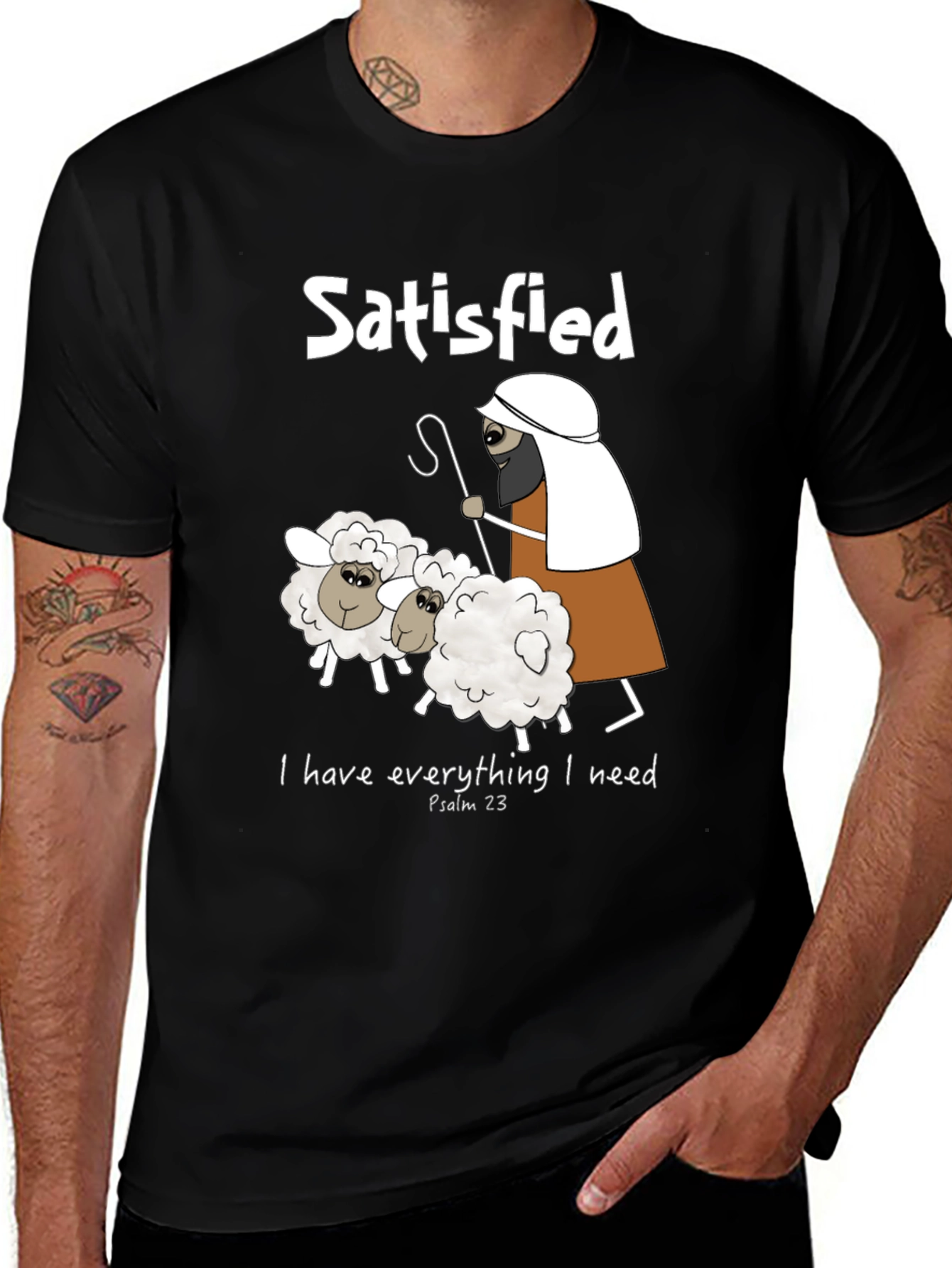 Satisfied Shepherd & Sheep T-Shirt Psalm 23