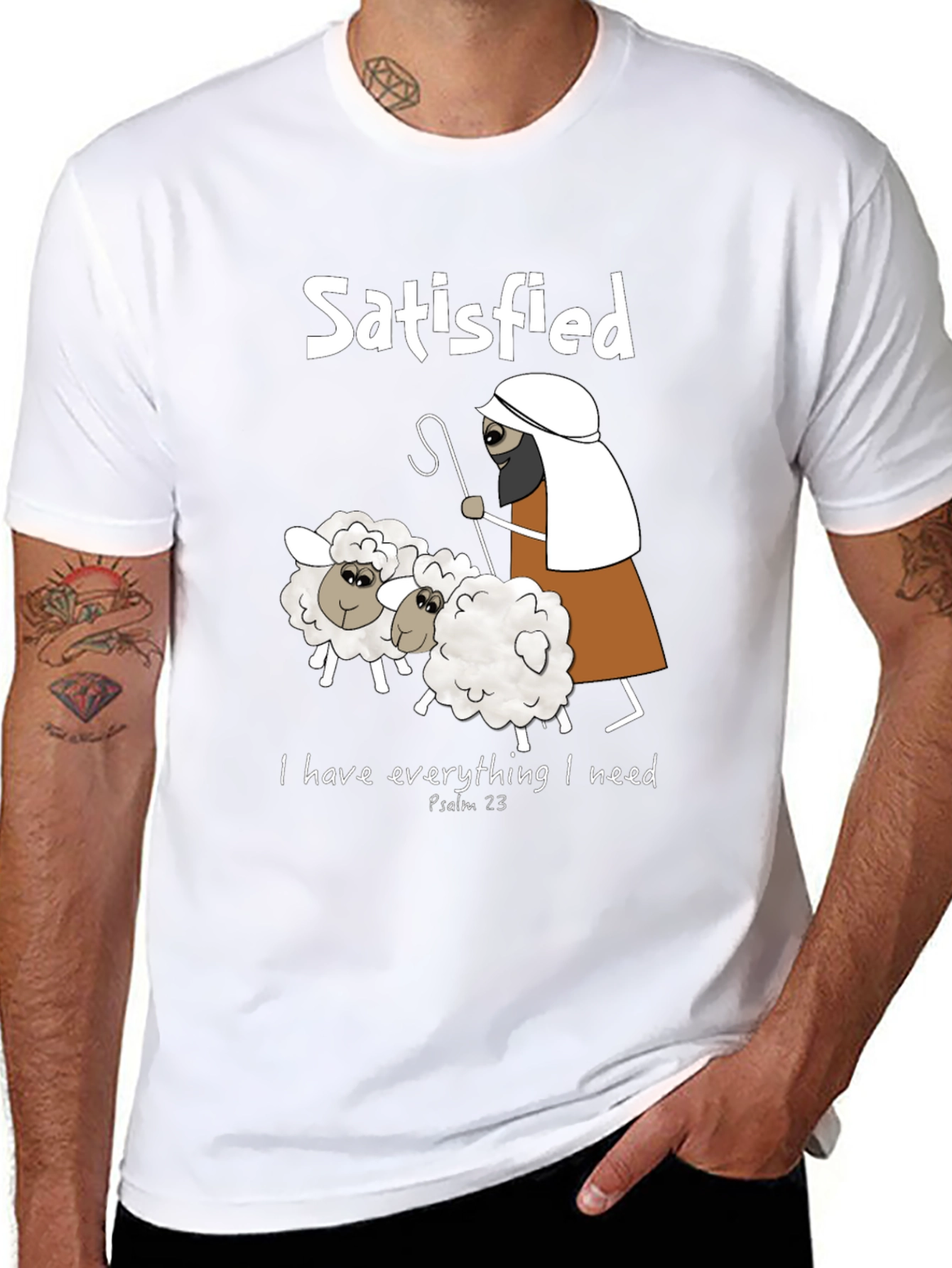 Satisfied Shepherd & Sheep T-Shirt Psalm 23