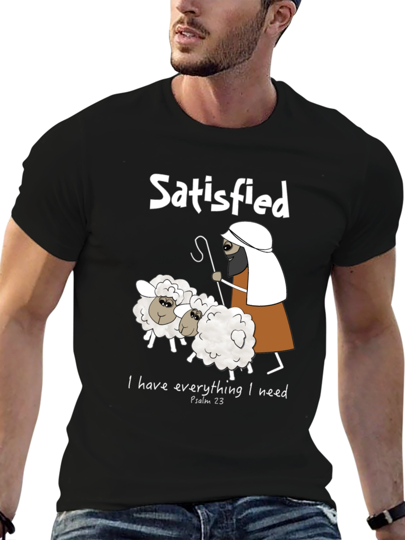Satisfied Shepherd & Sheep T-Shirt Psalm 23