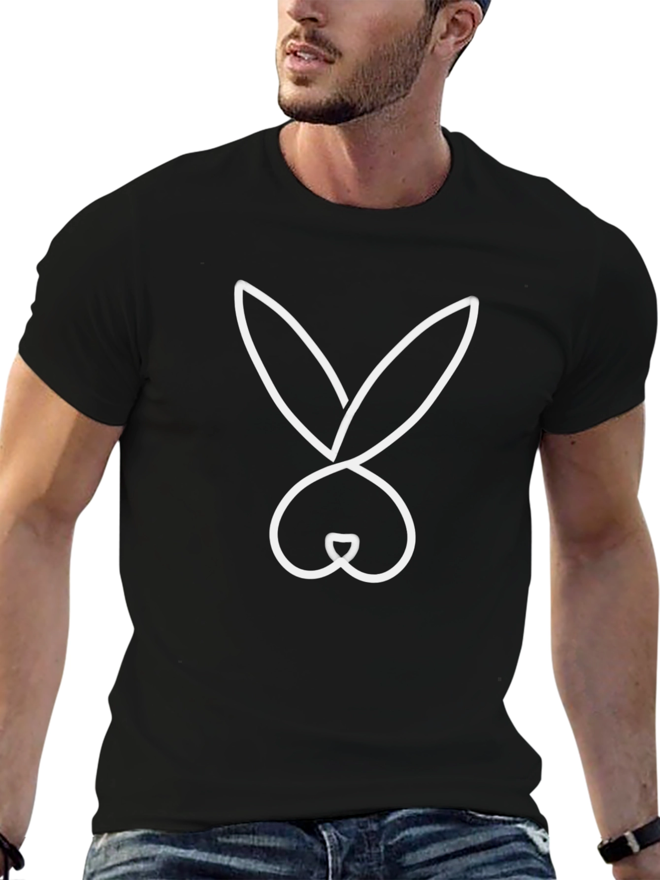 Black T-Shirt with Minimalist Bunny Rabbit Graphic