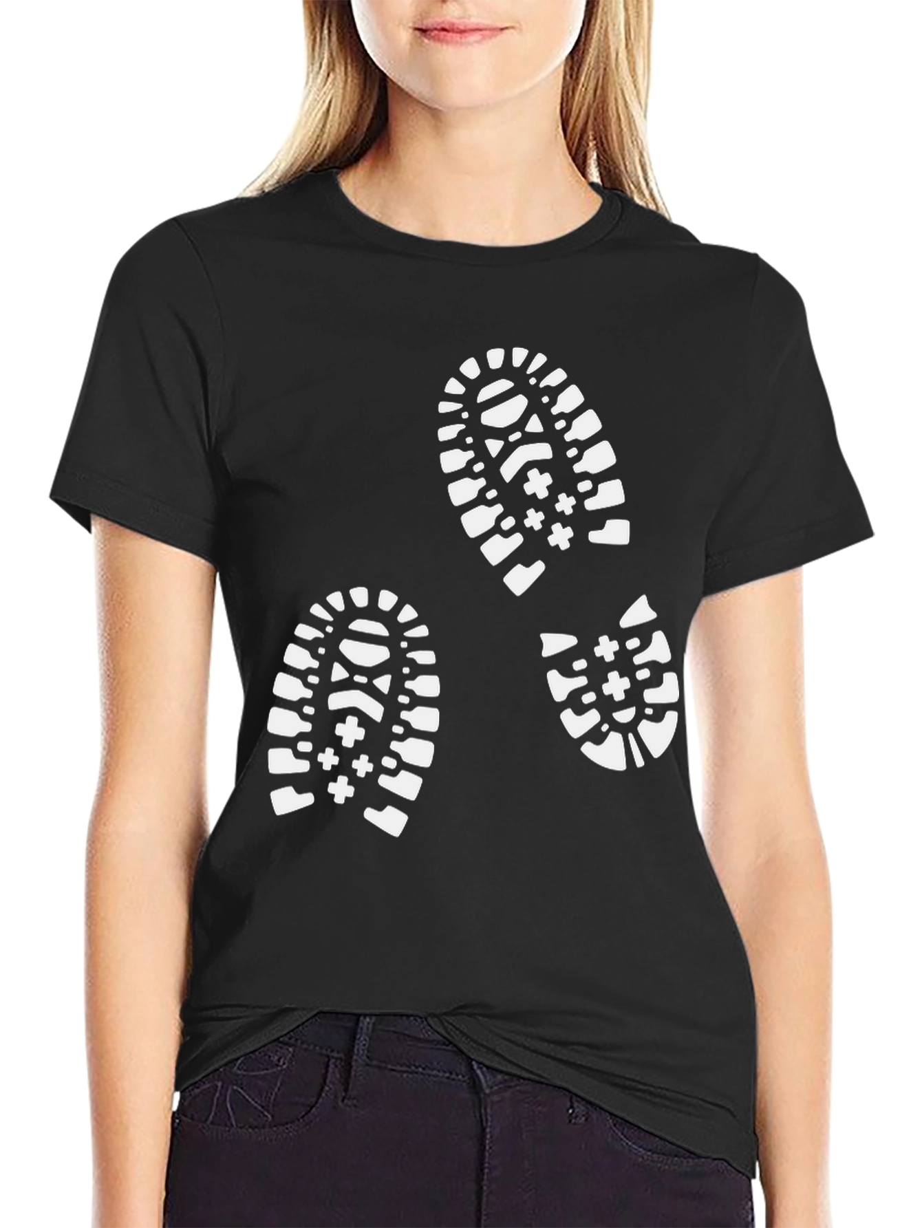 Black T-Shirt with White Footprint Design