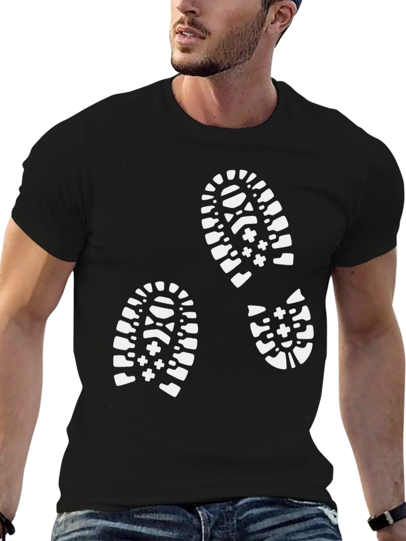 Black T-Shirt with White Footprint Design