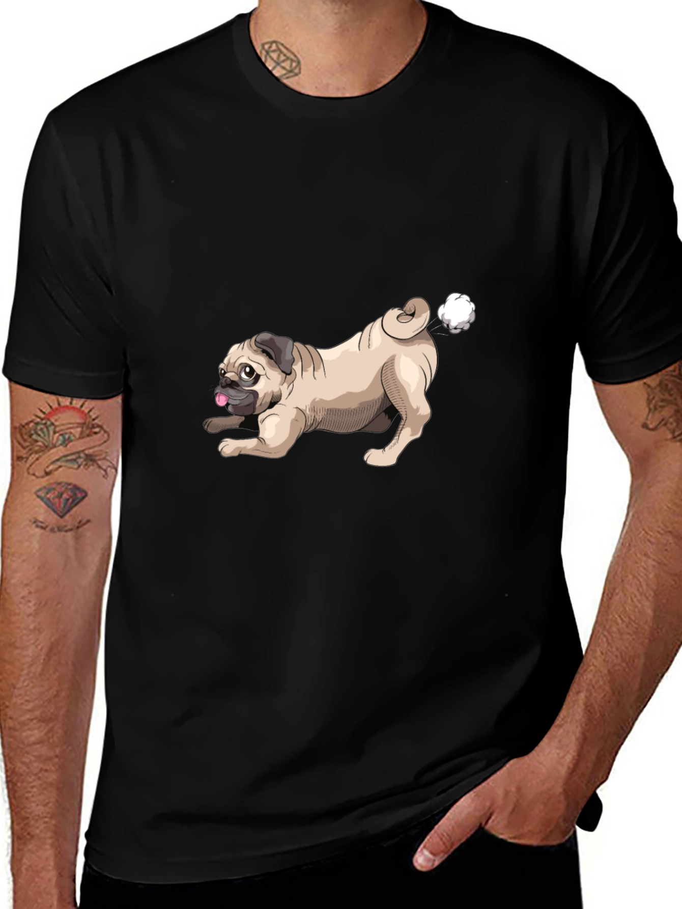 Funny Pug Farting Mens Black T-Shirt