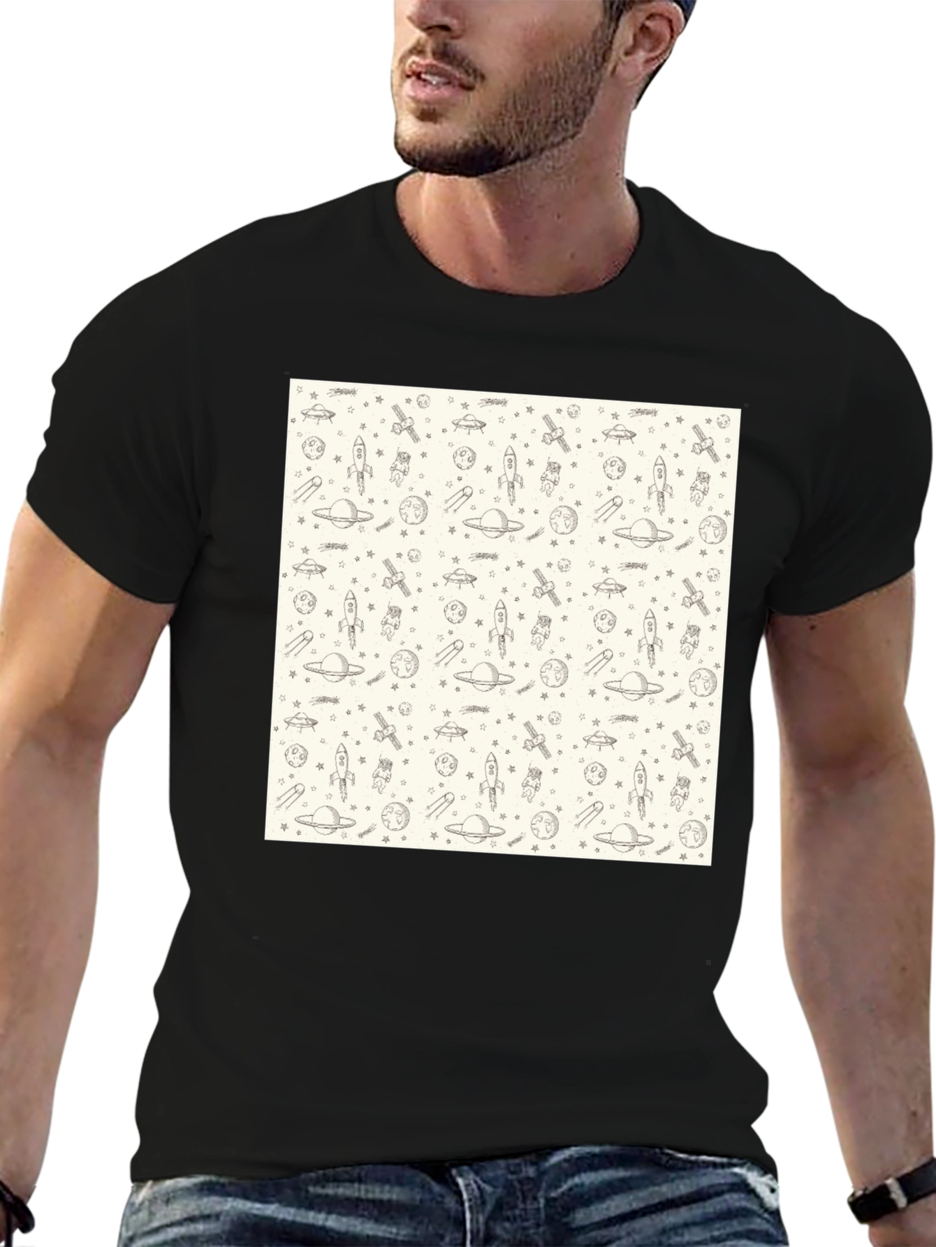 Space Pattern Black T-Shirt - Galaxy Design