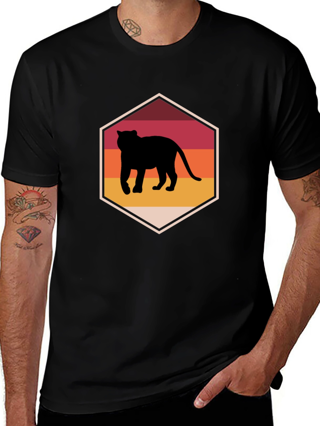 Retro Sunset Panther Graphic Tee - Black