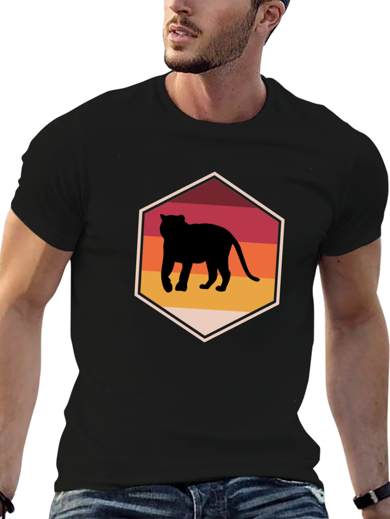 Retro Sunset Panther Graphic Tee - Black