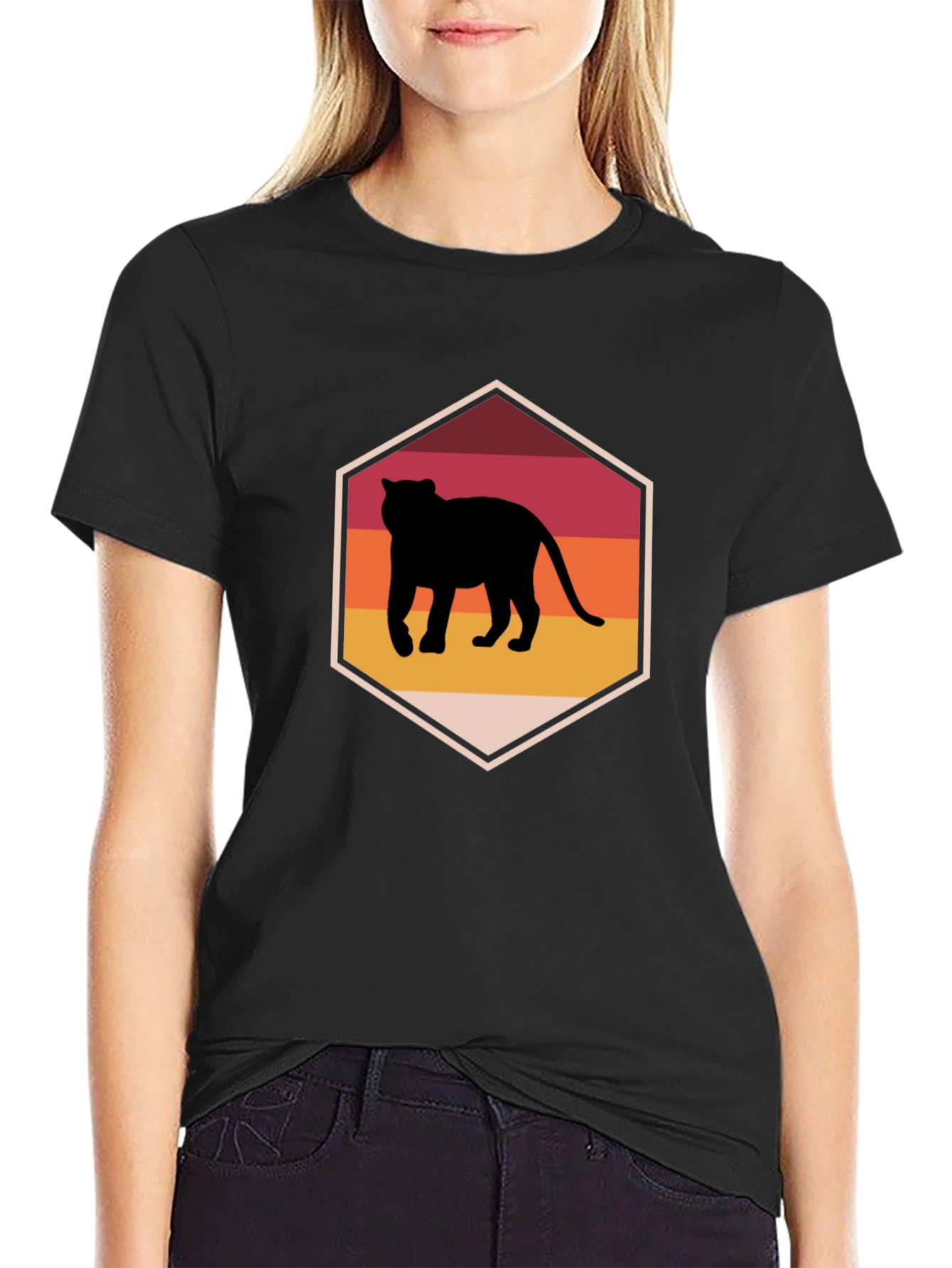 Retro Sunset Panther Graphic Tee - Black