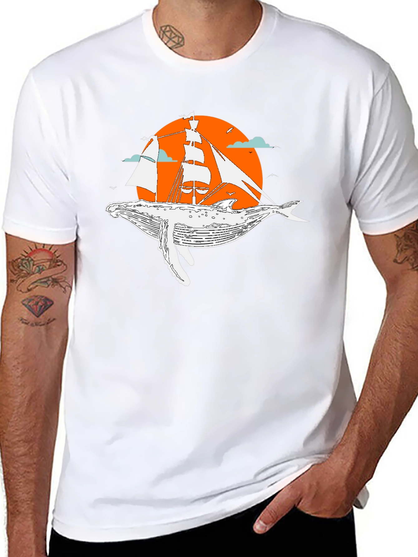 Whale & Ship Graphic Tee - Unique Black T-Shirt