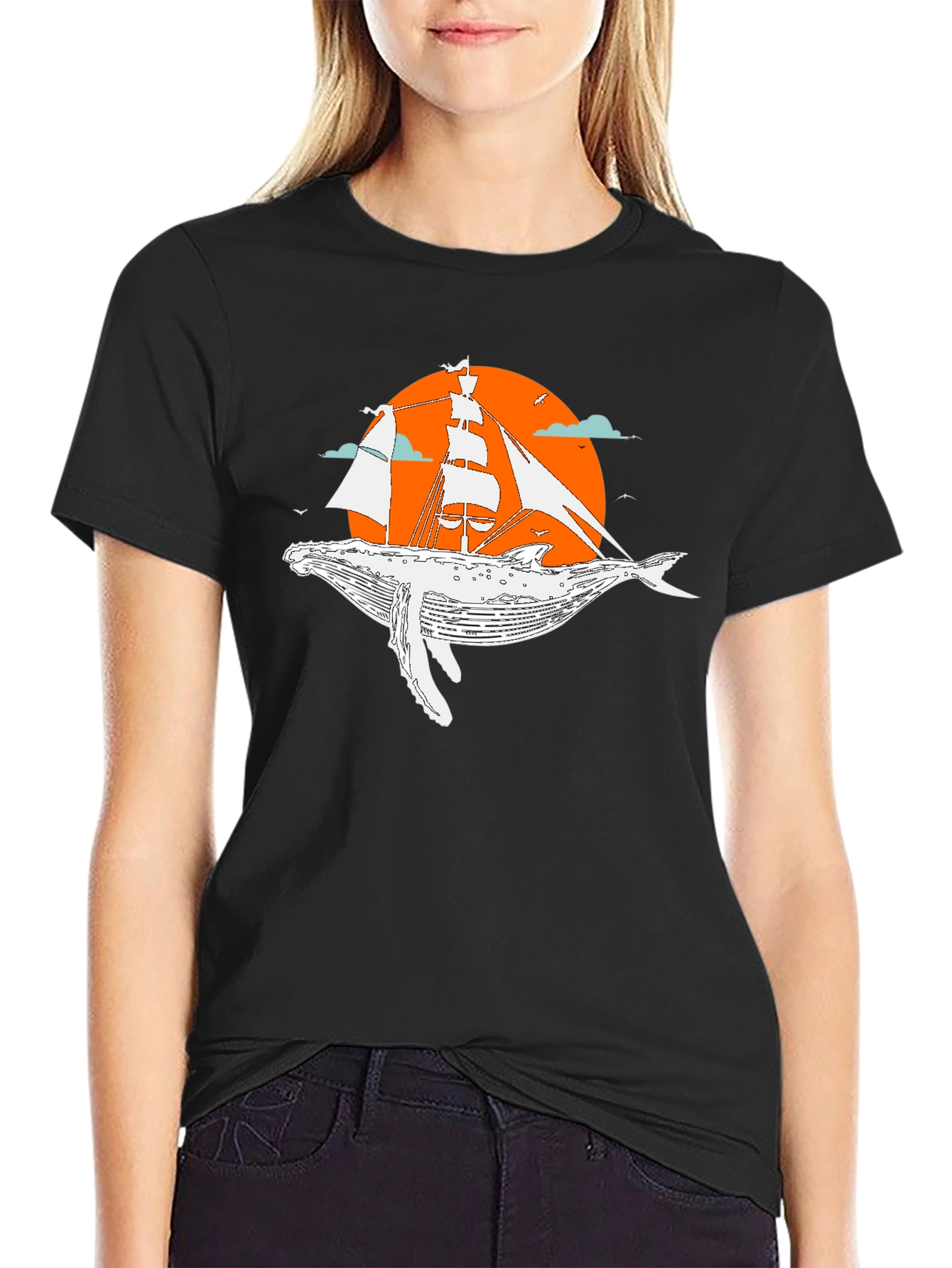 Whale & Ship Graphic Tee - Unique Black T-Shirt