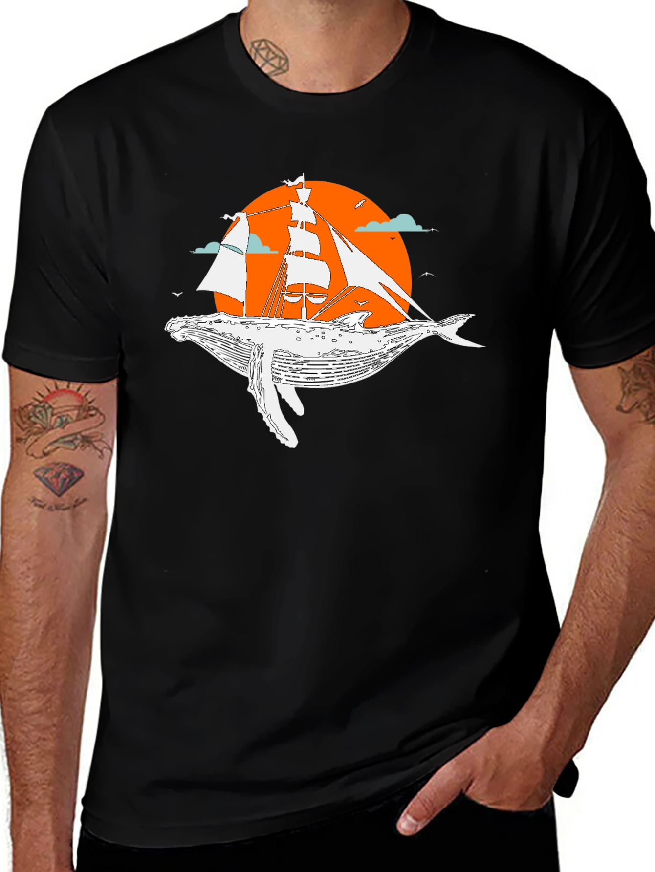 Whale & Ship Graphic Tee - Unique Black T-Shirt