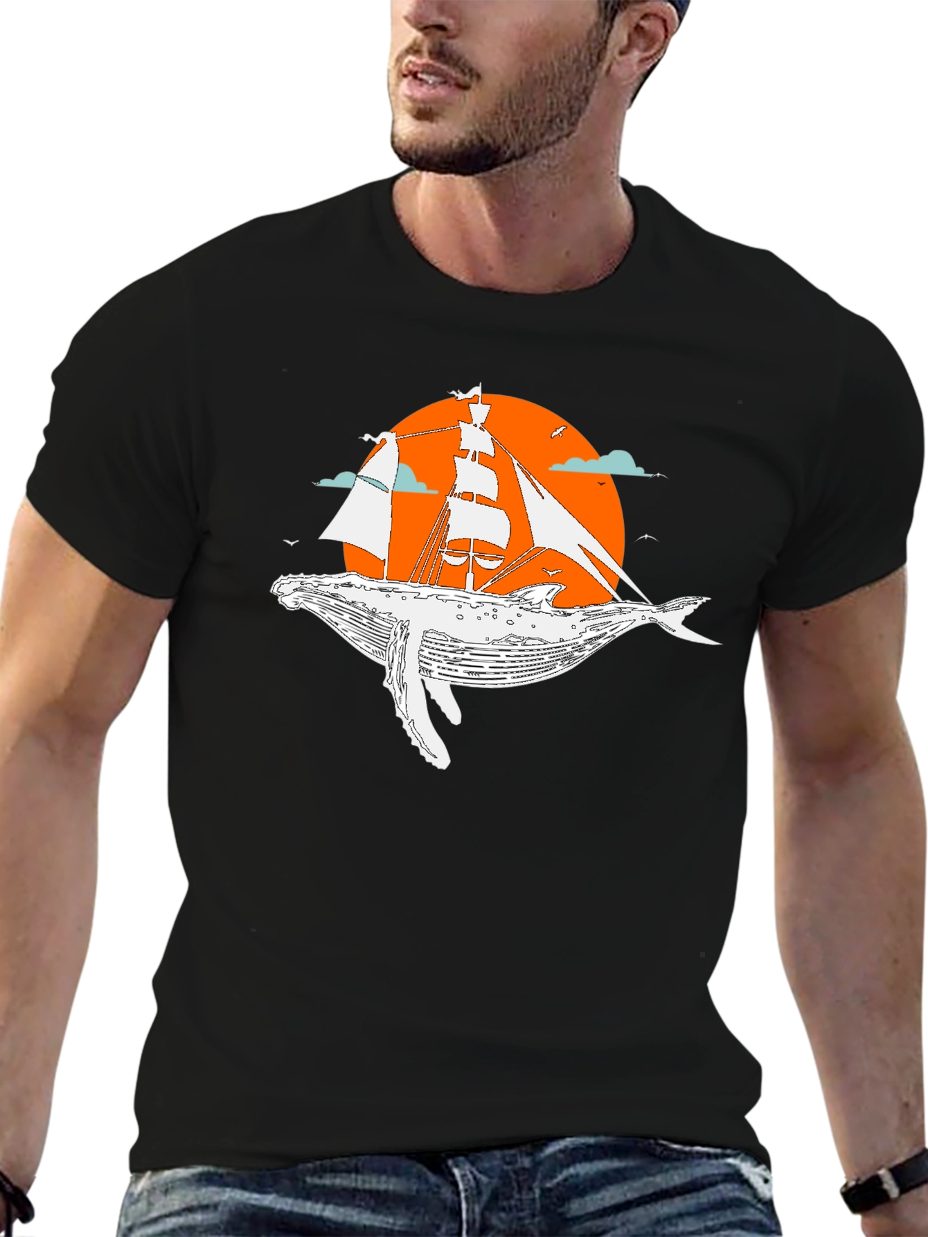 Whale & Ship Graphic Tee - Unique Black T-Shirt