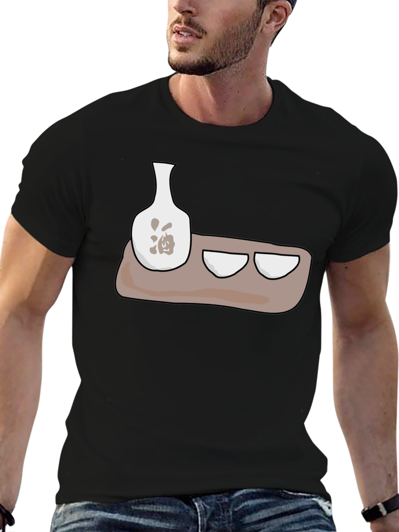 Sake Set Graphic T-Shirt - Black Cotton Blend