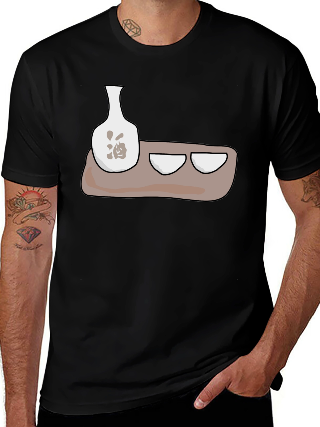 Sake Set Graphic T-Shirt - Black Cotton Blend