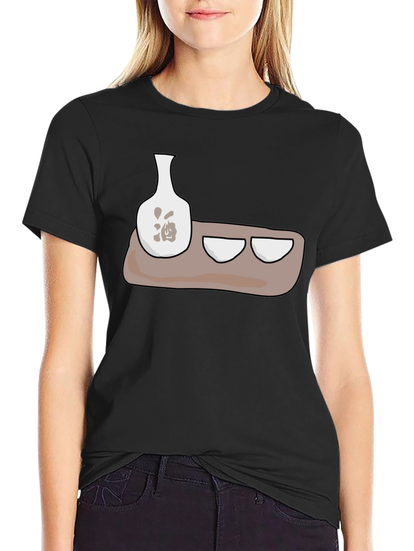 Sake Set Graphic T-Shirt - Black Cotton Blend