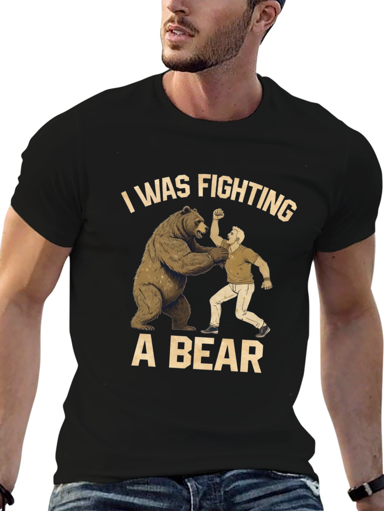 Fighting a Bear T-Shirt - Mens Black Graphic Tee