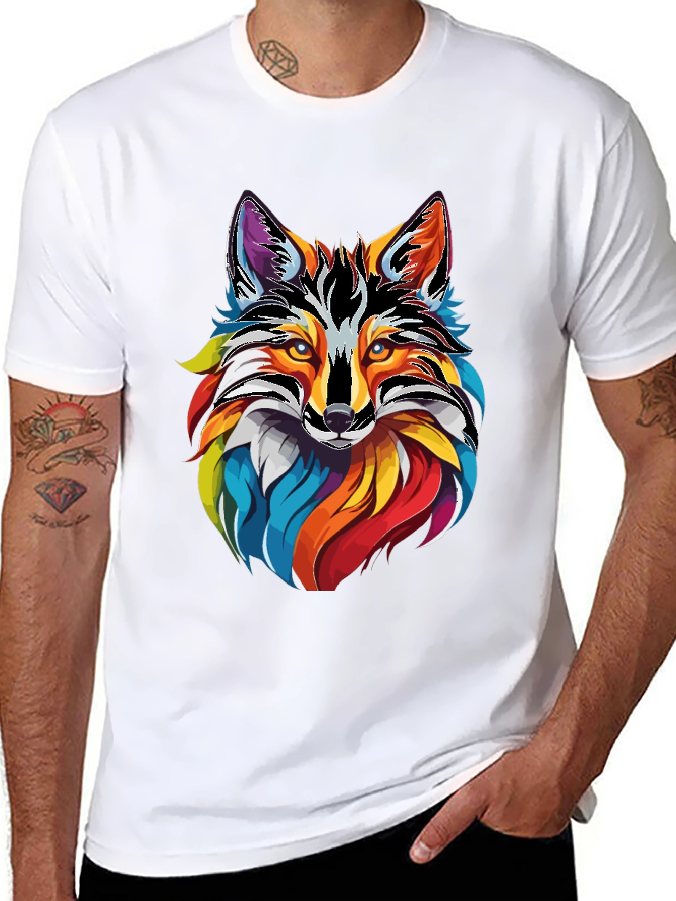 Vibrant Fox Graphic Tee - Mens Black Cotton T-Shirt