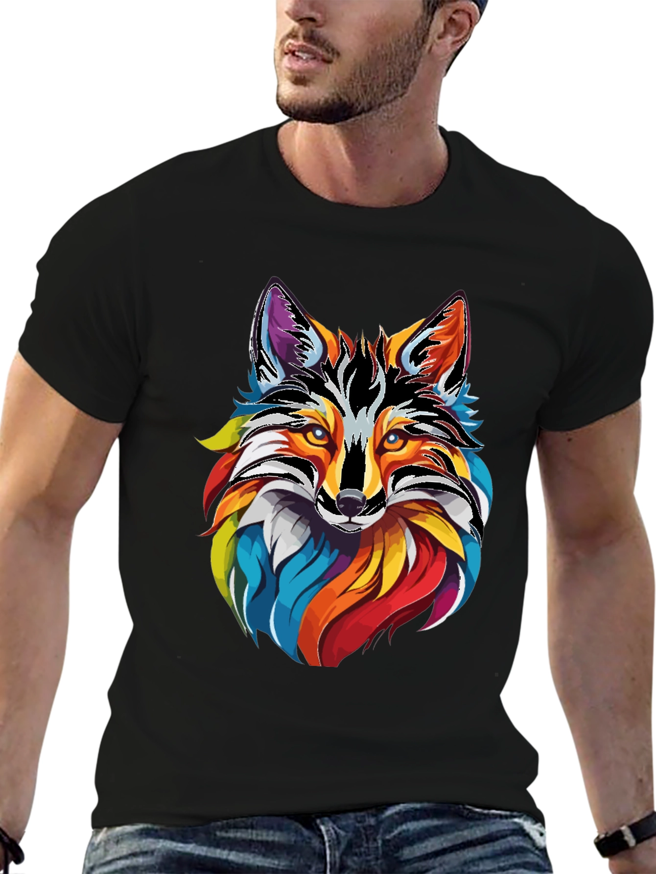 Vibrant Fox Graphic Tee - Mens Black Cotton T-Shirt