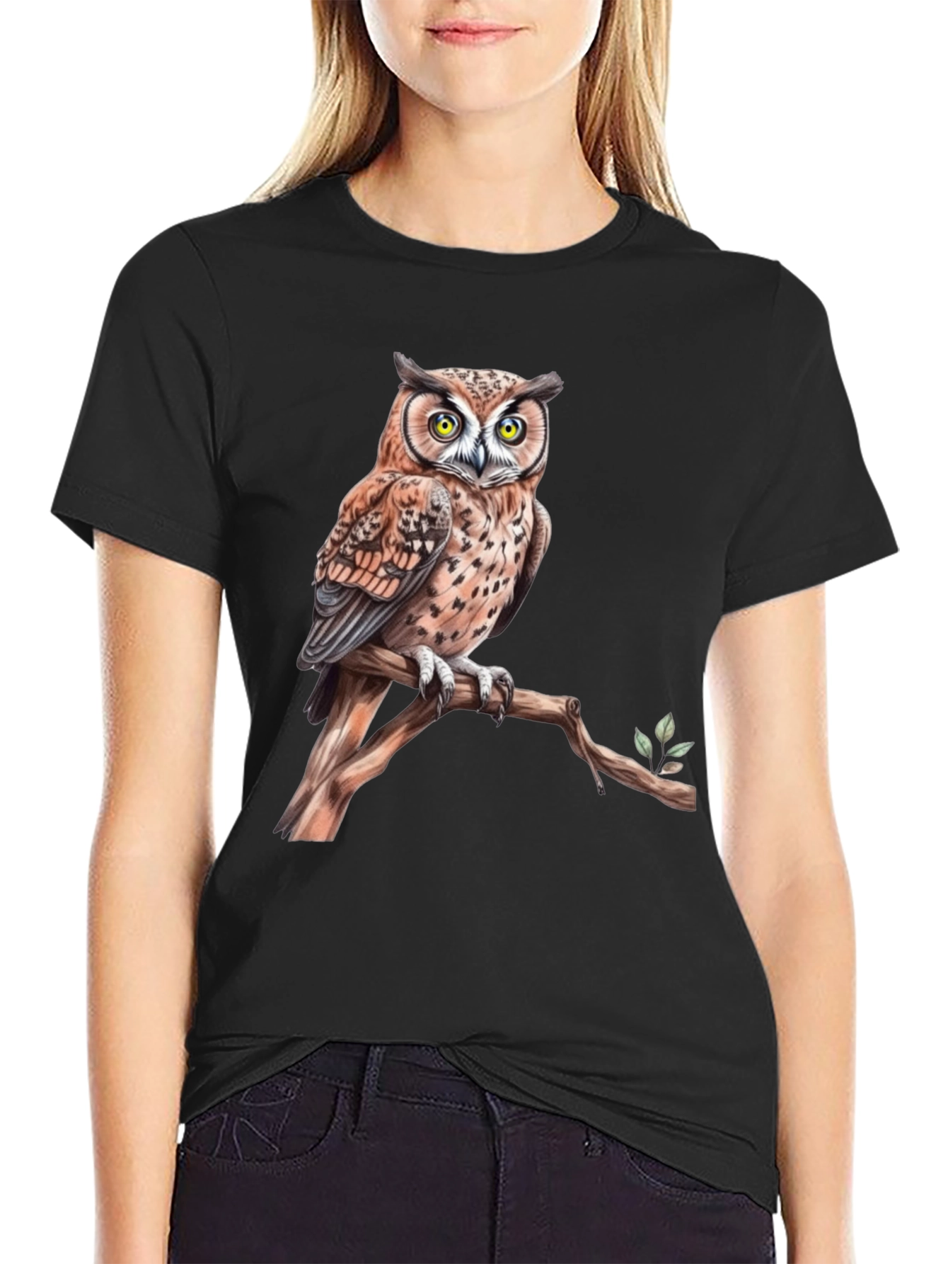 Owl on Branch Graphic Tee - Black