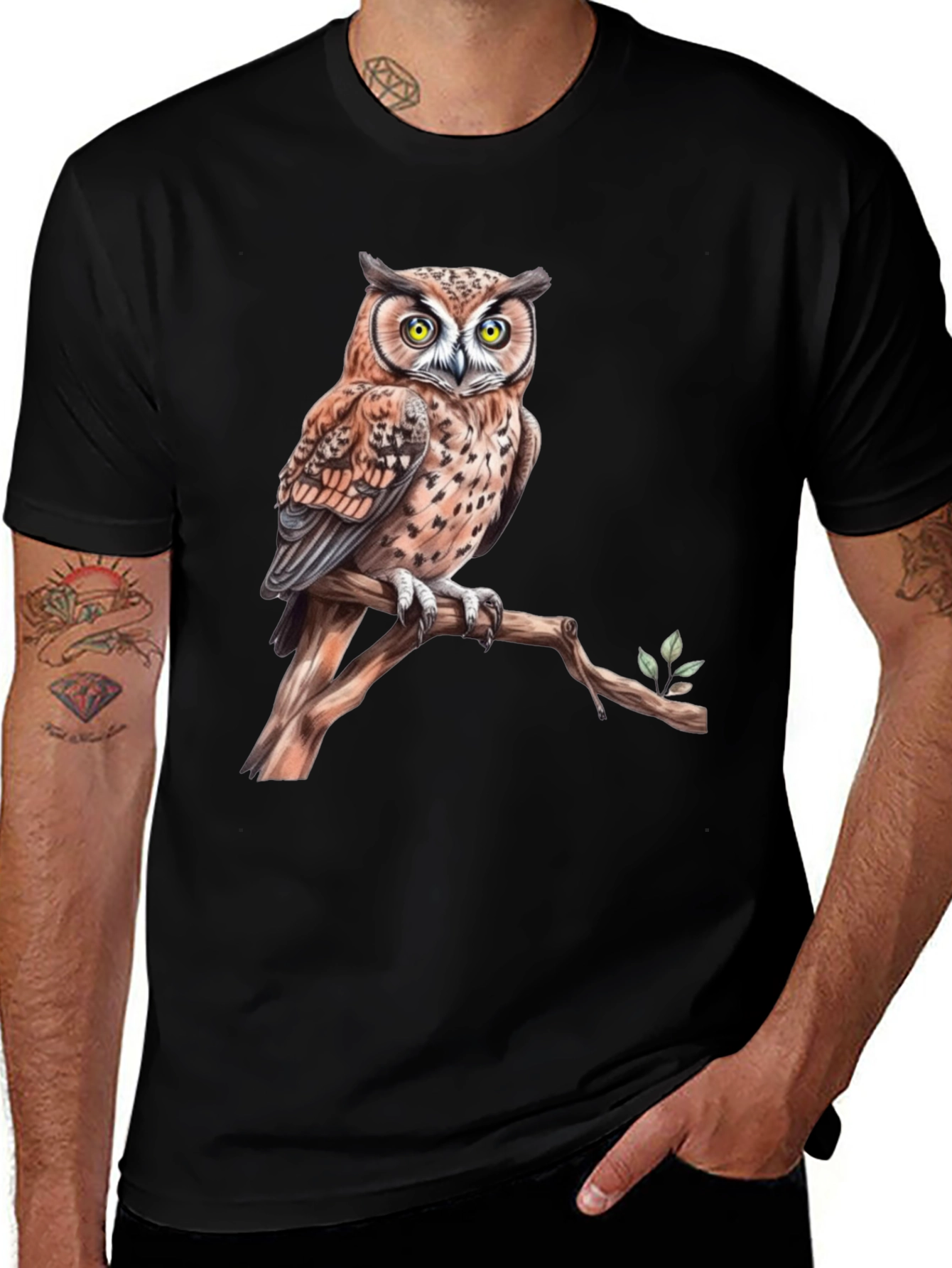 Owl on Branch Graphic Tee - Black