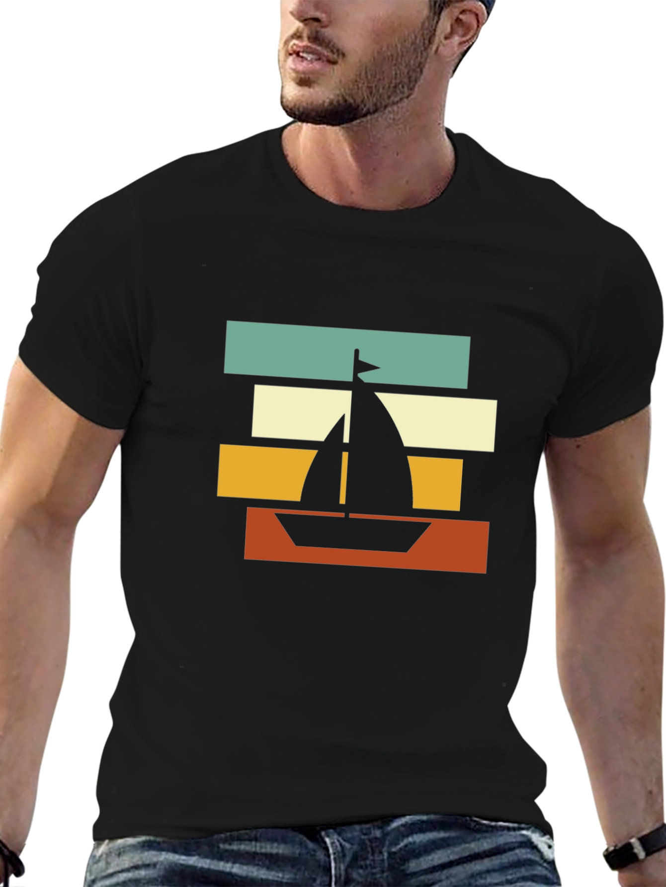 Retro Sailboat Graphic Tee - Black Cotton Blend