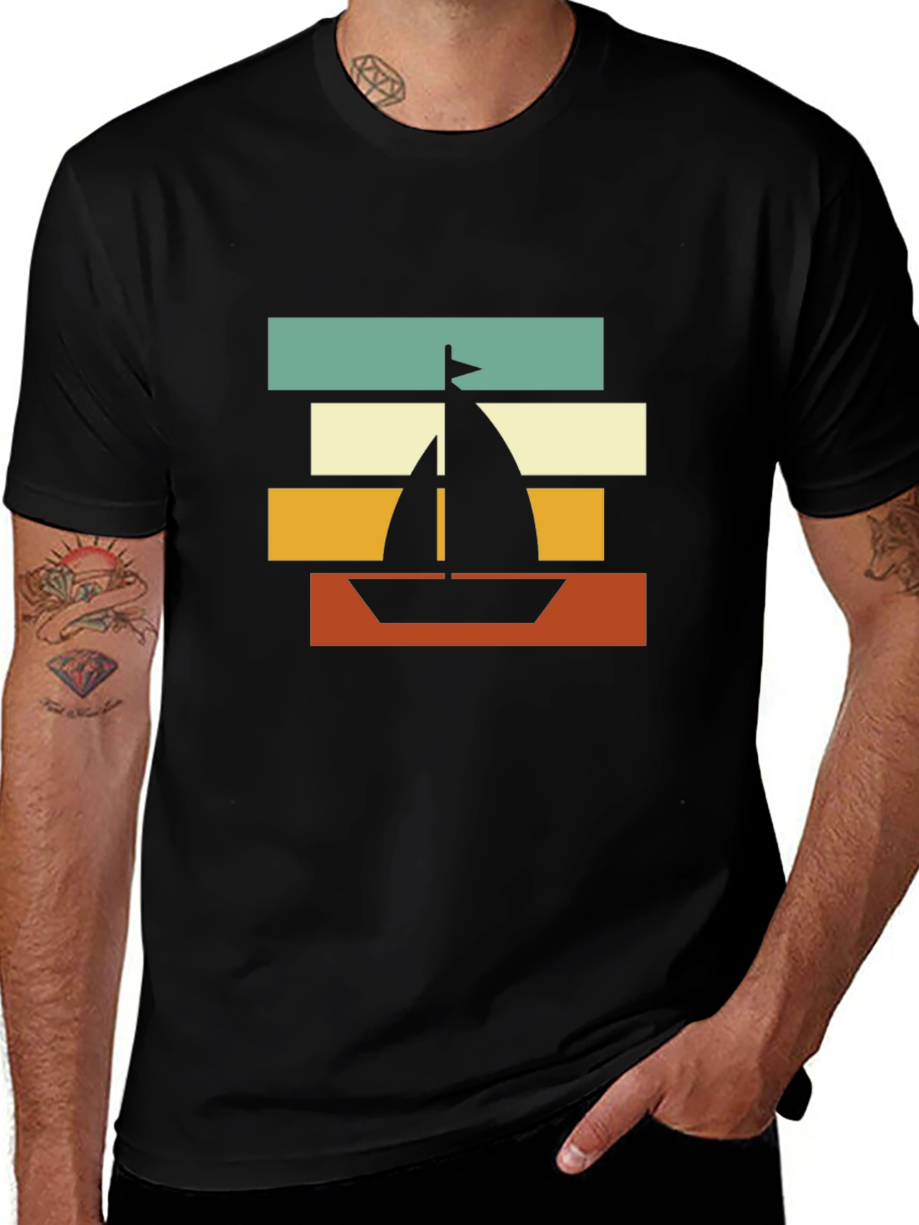 Retro Sailboat Graphic Tee - Black Cotton Blend
