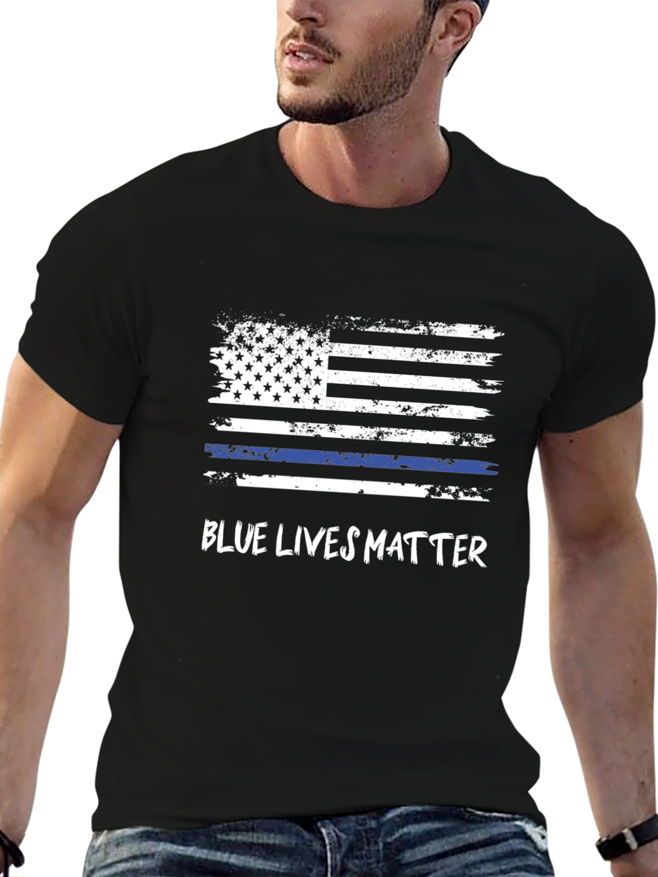 Blue Lives Matter Flag Graphic Tee - Black