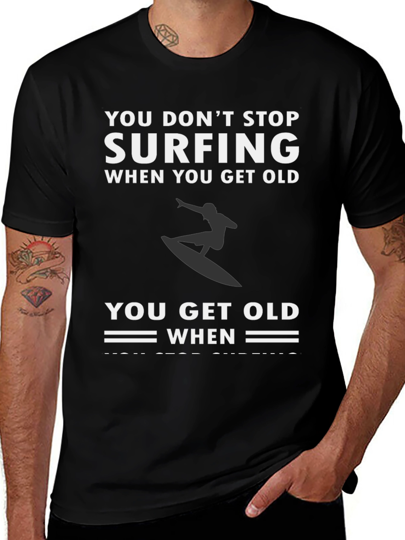Surfing Never Stops Black Graphic Tee