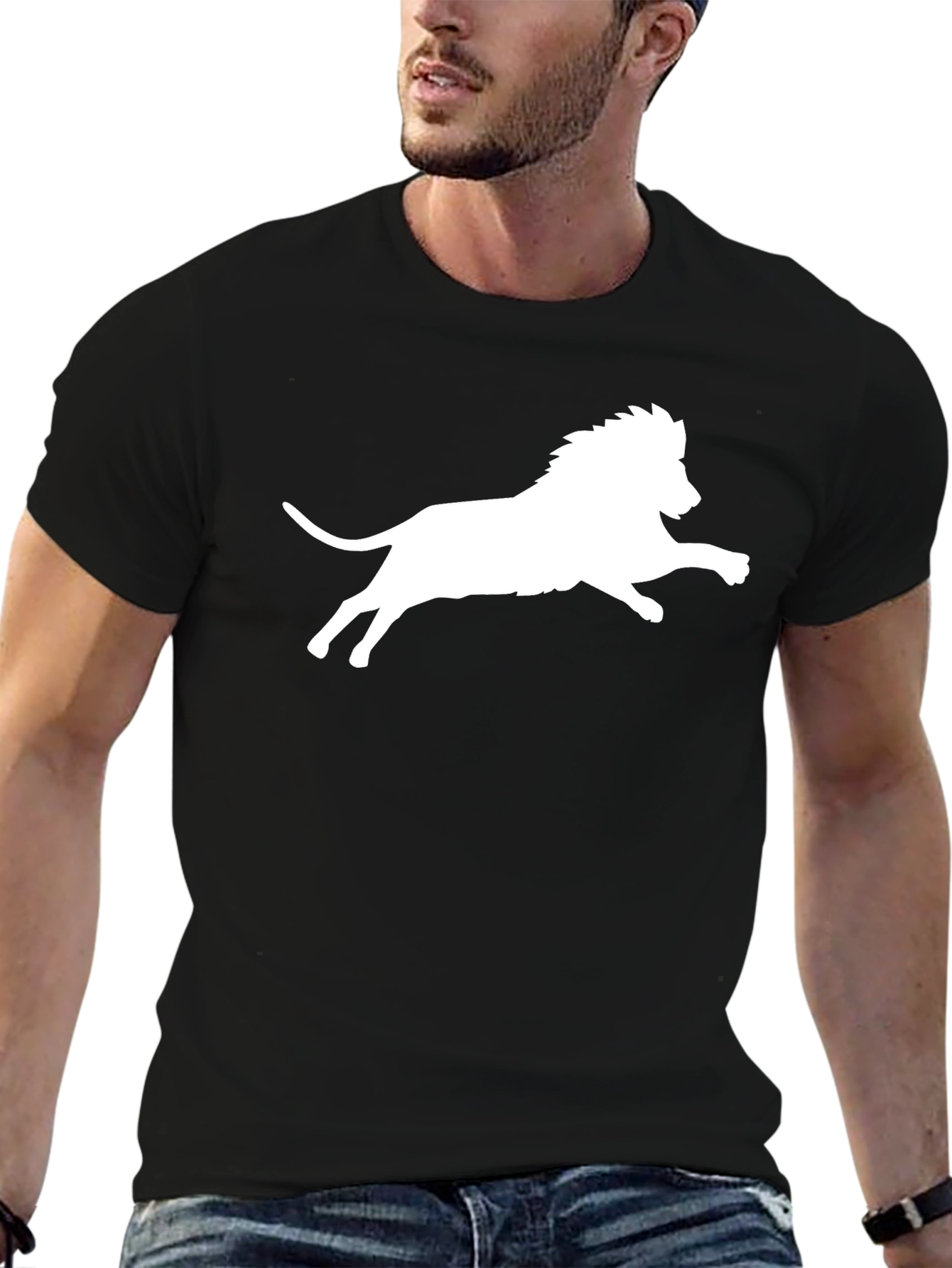 Black T-Shirt with White Lion Print