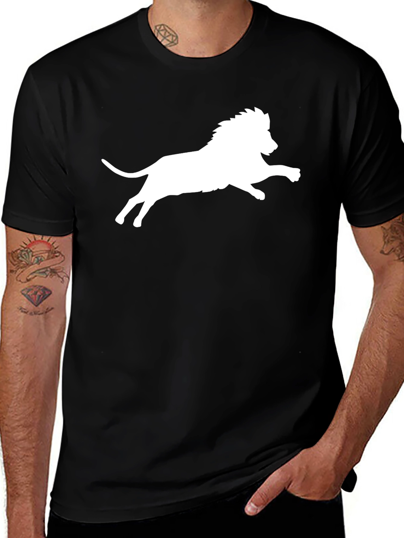 Black T-Shirt with White Lion Print