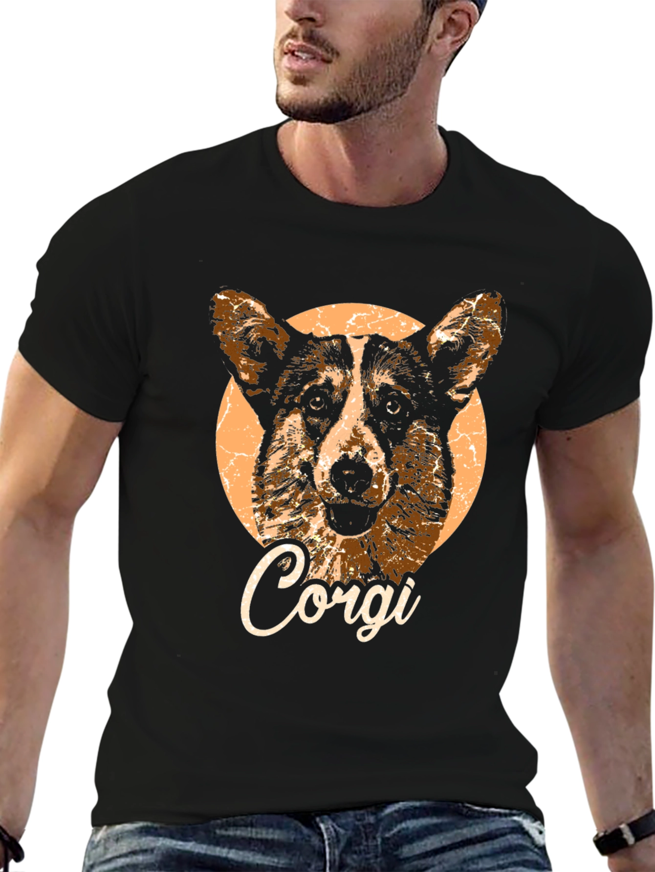 Corgi Dog Graphic Print Black T-Shirt
