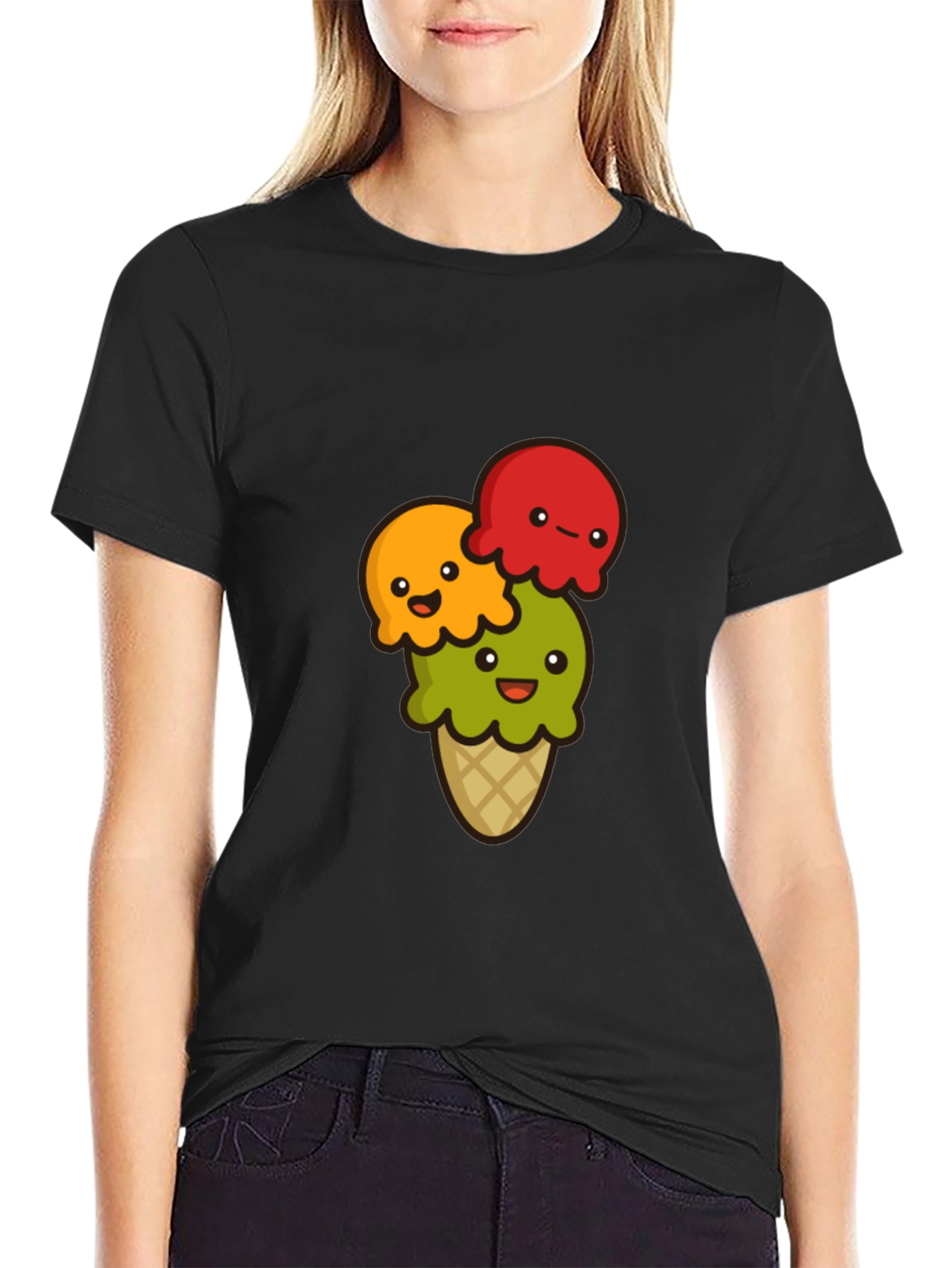 Cute Ice Cream Cone Graphic T-Shirt - Black