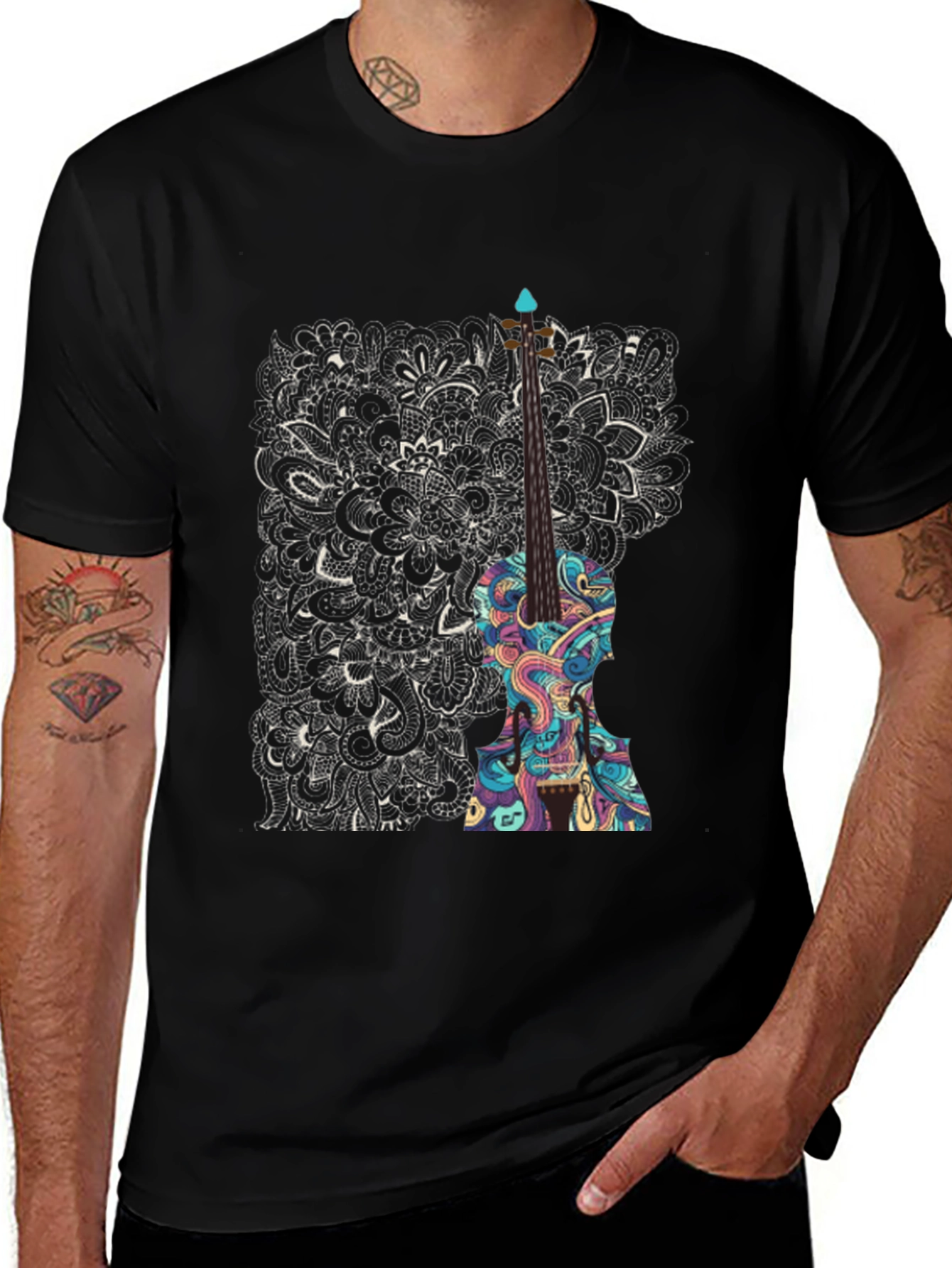 Abstract Violin Graphic Tee - Unique Black T-Shirt