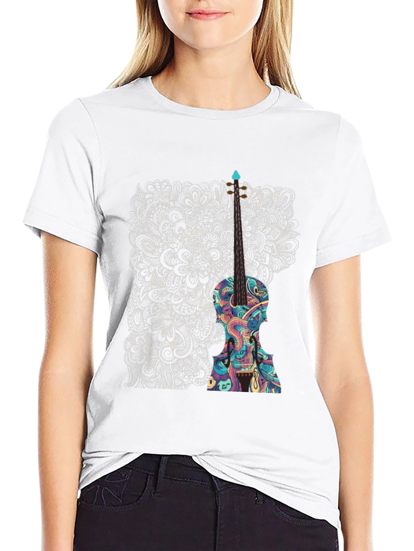 Abstract Violin Graphic Tee - Unique Black T-Shirt