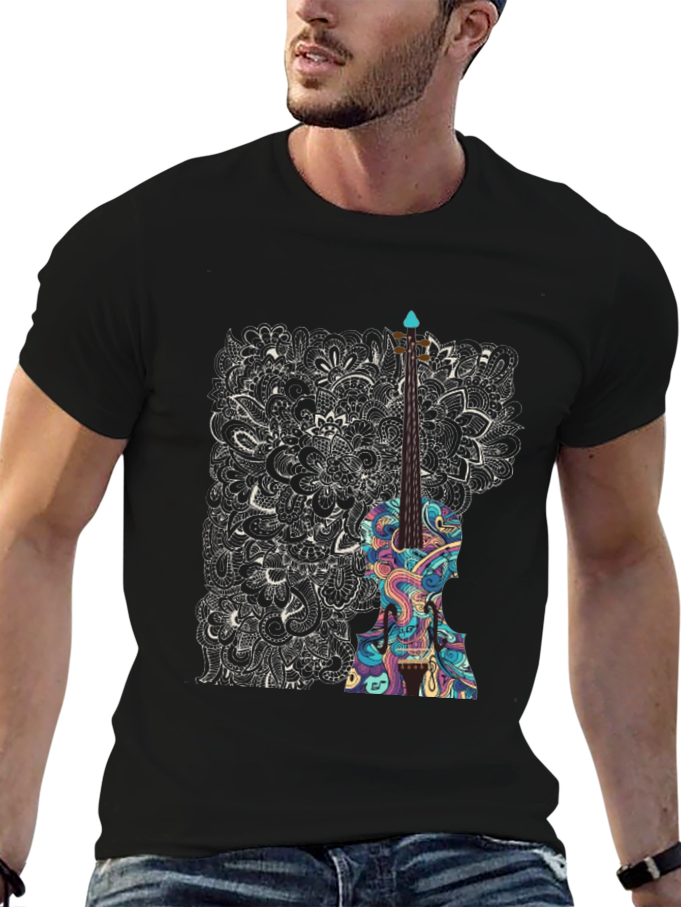 Abstract Violin Graphic Tee - Unique Black T-Shirt