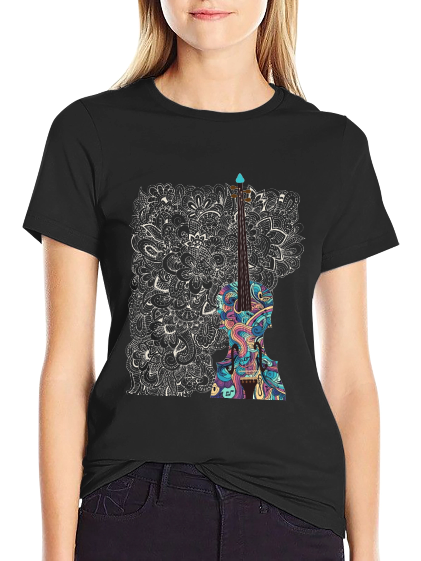 Abstract Violin Graphic Tee - Unique Black T-Shirt
