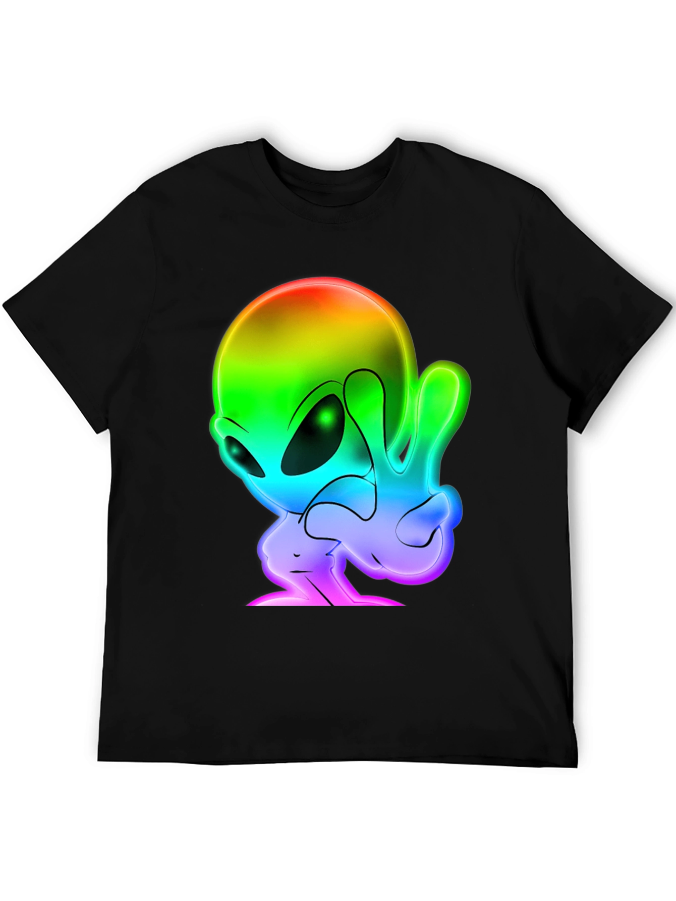 Rainbow Alien Peace Sign Black T-Shirt