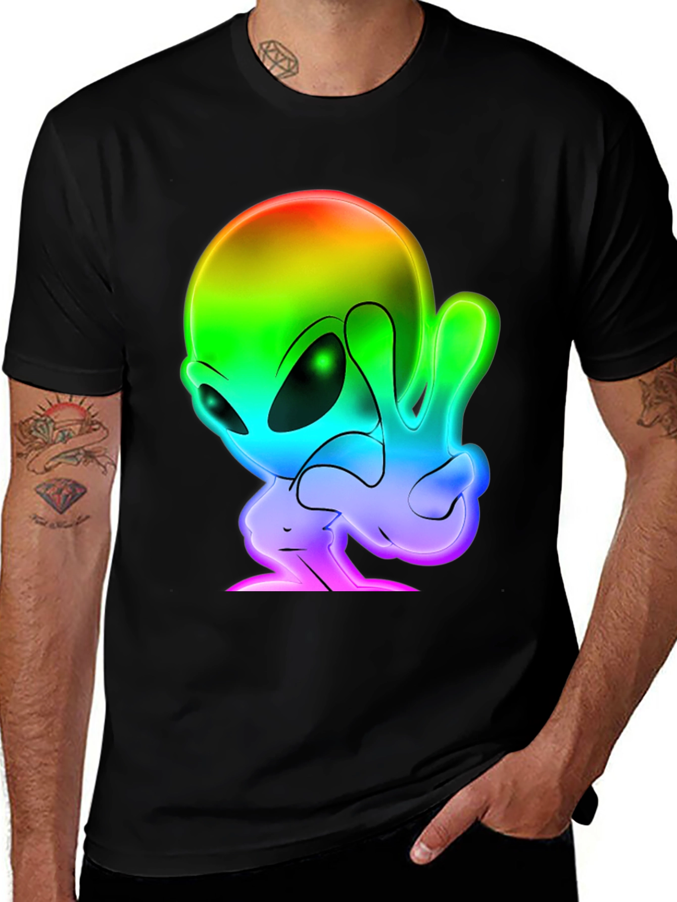 Rainbow Alien Peace Sign Black T-Shirt
