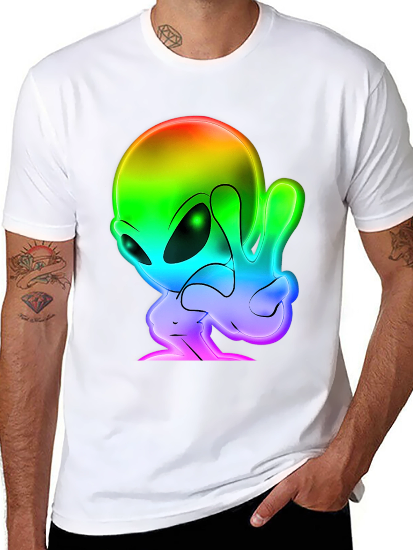 Rainbow Alien Peace Sign Black T-Shirt