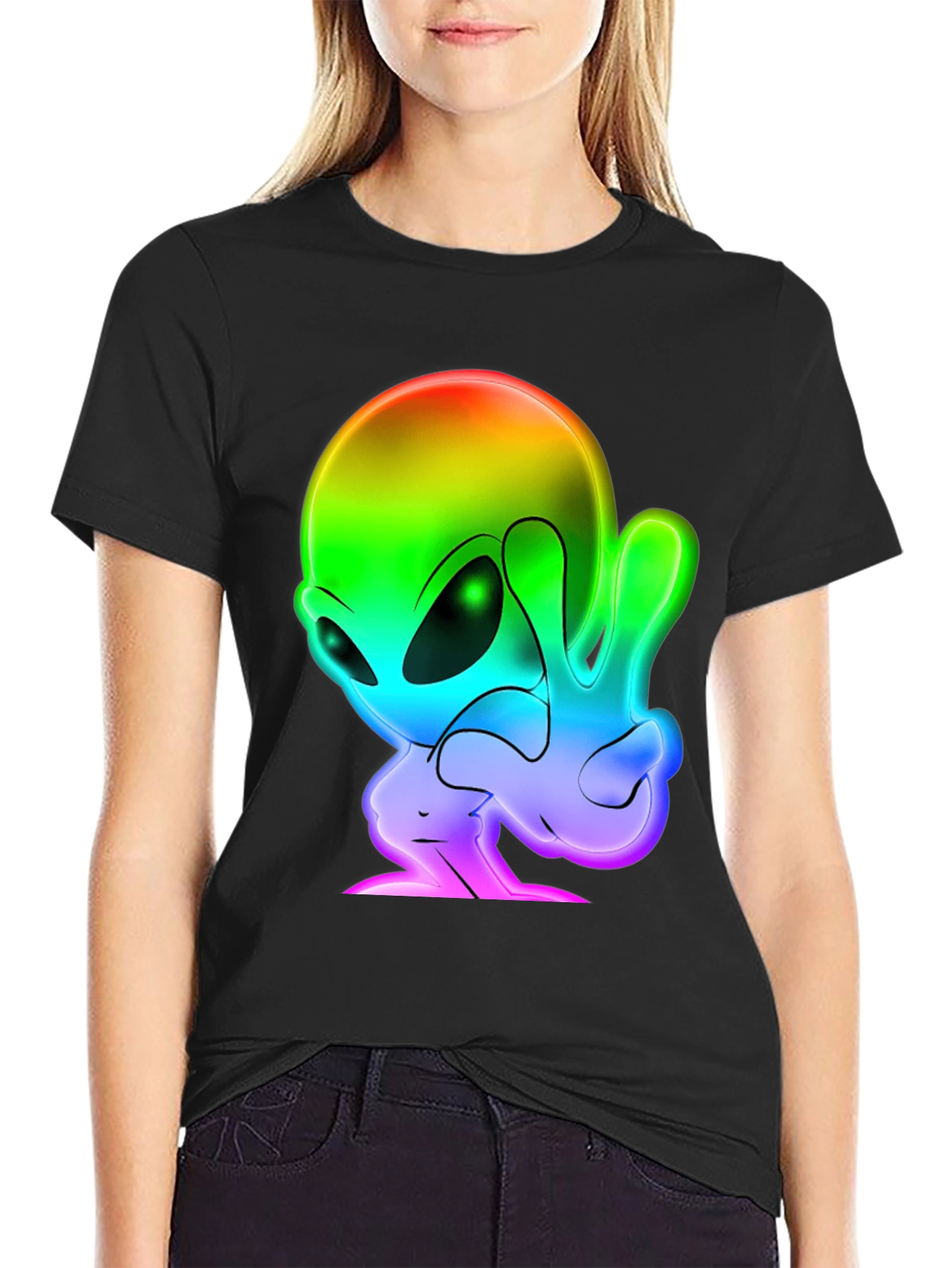 Rainbow Alien Peace Sign Black T-Shirt