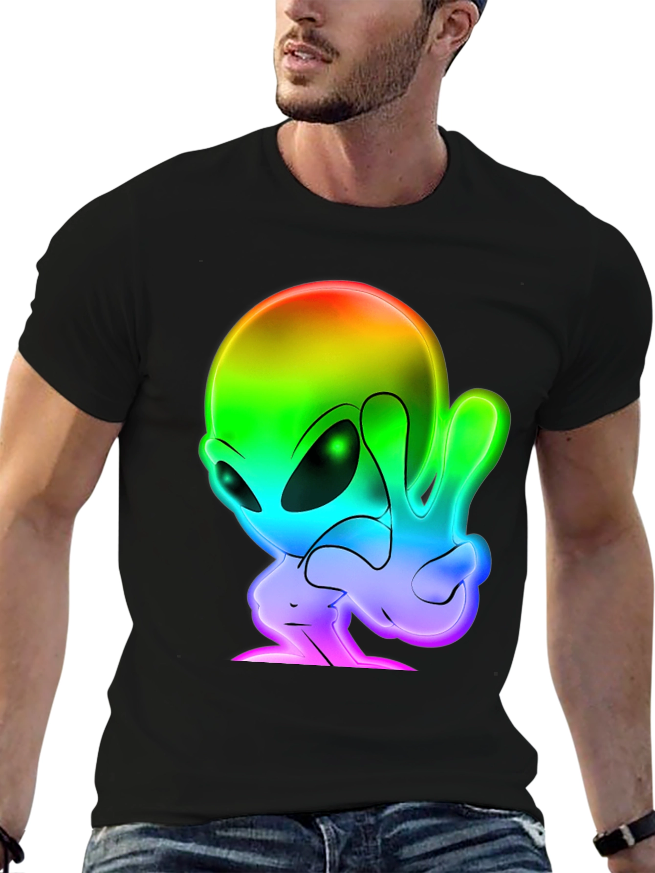 Rainbow Alien Peace Sign Black T-Shirt