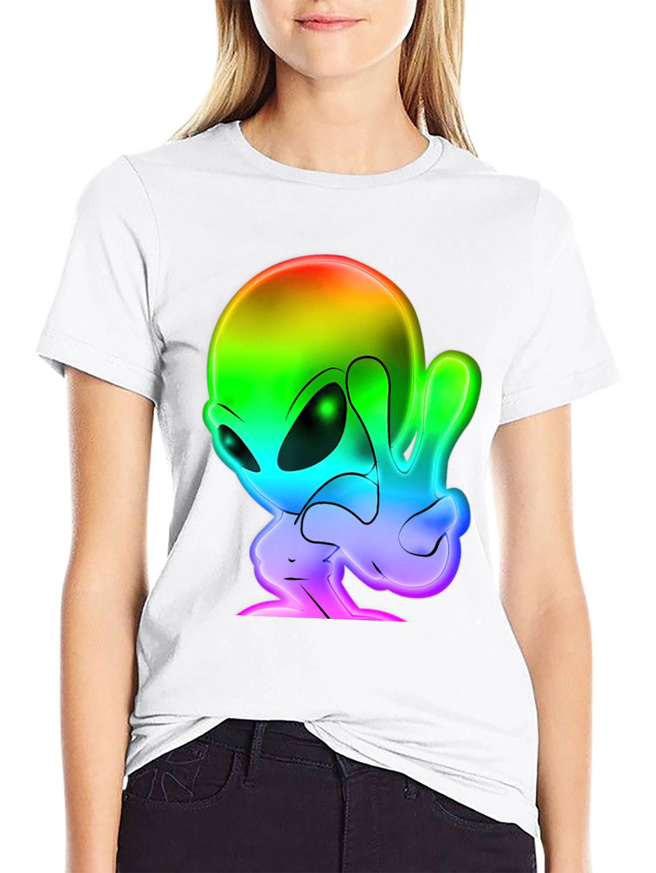 Rainbow Alien Peace Sign Black T-Shirt