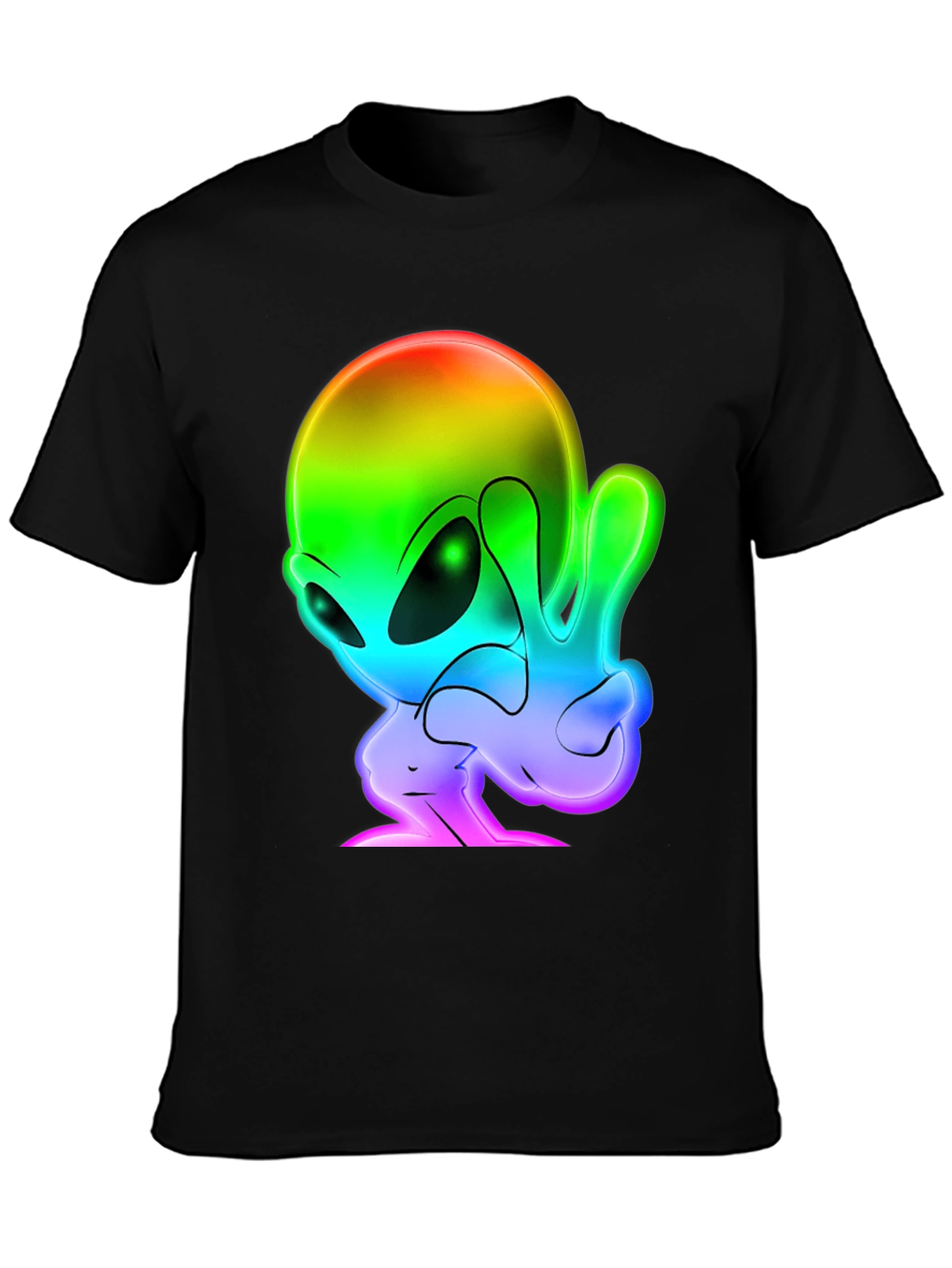 Rainbow Alien Peace Sign Black T-Shirt