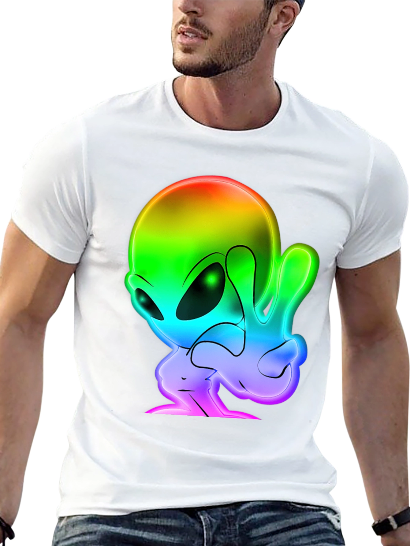 Rainbow Alien Peace Sign Black T-Shirt